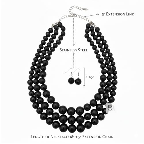 Simulated Pearl Necklace & Earring Set, Multi Strand - color: Black
