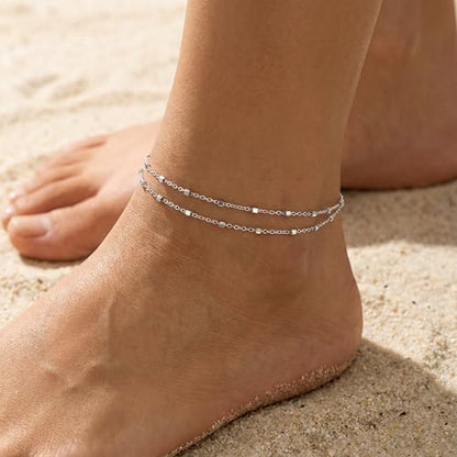 Dainty Anklets for Women, 14K Gold Plated & Sterling Silver Plated Ankle Bracelets, Adjustable, Waterproof & Hypoallergenic Summer Beach Foot Jewelry in Assorted Styles - style: silver chain