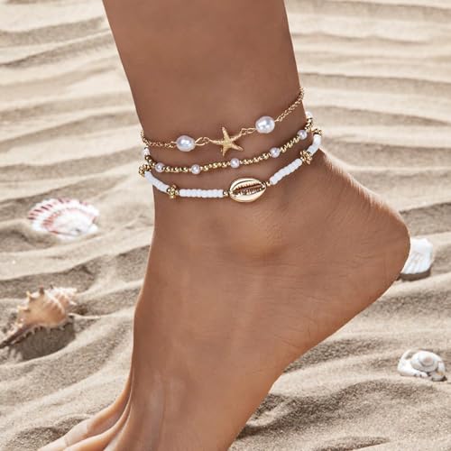 Qceasiy Starfish Ankle Bracelets for Women, Boho Beaded Beach Anklets Set | Gold-plated layered anklets in seashell, disc, and conch styles, with stretch or adjustable fits for summer beach outfits. - color: Gold Plated White
