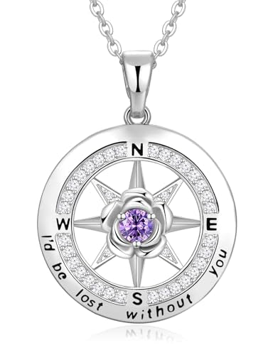 Meeshi Silver Compass Necklace for Women Birthday Gifts for Wife Anniversary Necklace for Women Rose Flower Birthstone Necklaces for Wife Jewelry for Womens Girlfriend Mom Daughter - style: 02-February-Amethyst