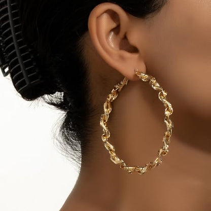 Twisted Rope Hoop Earrings for Women Chunky Big Large Hoop Earrings Minimalist Round Circle Huggie Hoops Earrings Gift - color: gold-tone