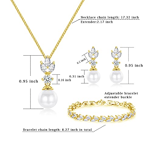 Wedding Jewelry for Bride Bridesmaid, Pearl Dangle Earrings and Pendant Necklace Set Bridal Jewelry for Promise Wedding Party - color: 2#Gold-1 Set-Necklace/Bracelet/Earrings