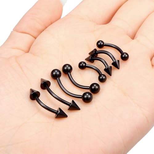 14G Snake Eyes Piercing Jewelry Tongue Curved Barbell Surgical Steel Belly Button Ring Eyebrow Piercing Jewelry Vertical Labret Lip Jewelry for Women Men Bar Length 8mm 10mm 12mm 14mm - color: 8pcs,14g,ball+spike,black