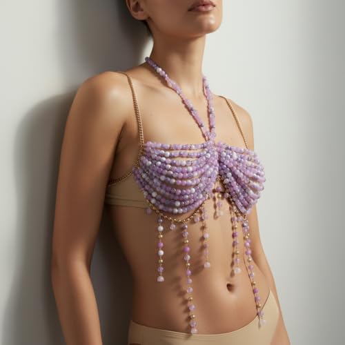 Purple Beaded Bra, Body Chain Jewelry, Festival/Burlesque Costume