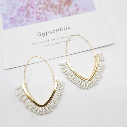 V-Shaped Beaded Dangle Earrings - Statement Drop Fringe Earrings, Boho Handmade Tassel Jewelry Gift for Women - color: White