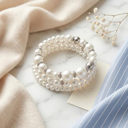 4 Pcs Pearl Bracelets for Women, White Simulated Pearl Beaded Bracelet Set, Stretch Stackable Faux for Women, Elegant Bridal Jewellery
