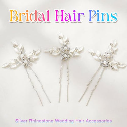 HEREAD Pearl Wedding Hair Pins Accessories for Women(Pack of 3) | Silver and Gold and Rose Gold Leaf Bridal Hair Clip Silver Rhinestone Pieces for Brides - color: B Silver
