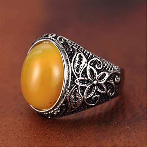 Retro Unisex Stainless Steel Oval Gemstone Hollow Flower Carved Signet Ring - color: Silver-Yellow