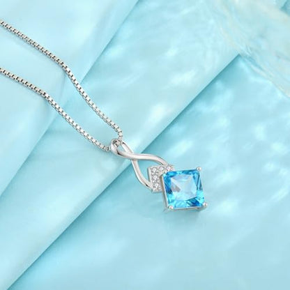 Infinity Necklace 925 Sterling Silver Princess Cut Pendant Birthstone Jewelry for Women - color: Sea Blue