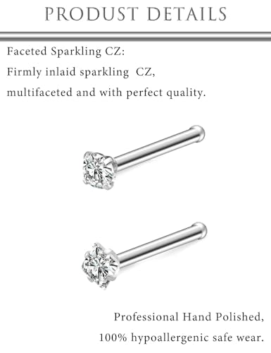 Hoeudjo Nose Studs Surgical Steel Cubic Zirconia Nose Rings Kit for Women Men Tiny Nose Stud Screw & Bone & L Shaped Nostril Piercing Jewelry 22-18 Gauge 8 Pieces 1.5mm 2mm 2.5mm 3mm - color: silvertone, size: 20g,bone nose studs,round+square CZ
