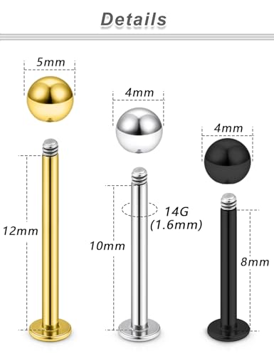 20G 18G 16G 14G 12G Lip Labret Medusa Monroe Rings Studs 316L Surgical Steel Flat Back Tragus Helix Cartilage Earring Stud Piercing Jewelry Bar Length 8mm 10mm 12mm Mix Color 18PCS - color: Silver/Black/Gold, size: 14G(1.6mm)-8/10/12mm Bars-4mm 5mm Balls
