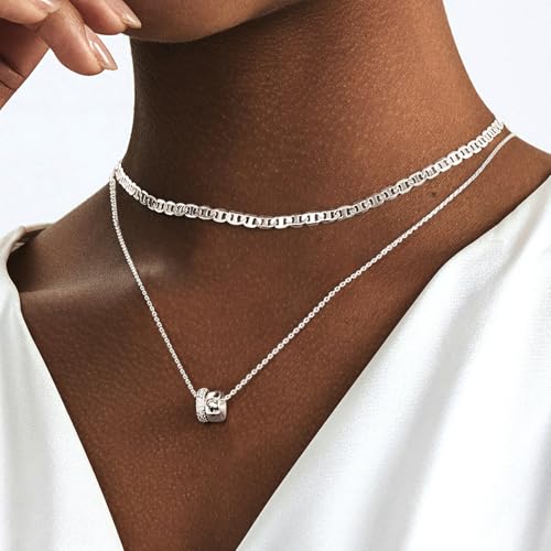 Airmb Gold Layered Necklaces for Women 14k Gold Plated Dainty Stackable Choker Necklaces for Women Trendy Layering Chain Cute Pendant Necklace Set Gold Jewelry for Women - color: 3PS-Two Rondelle-Silver