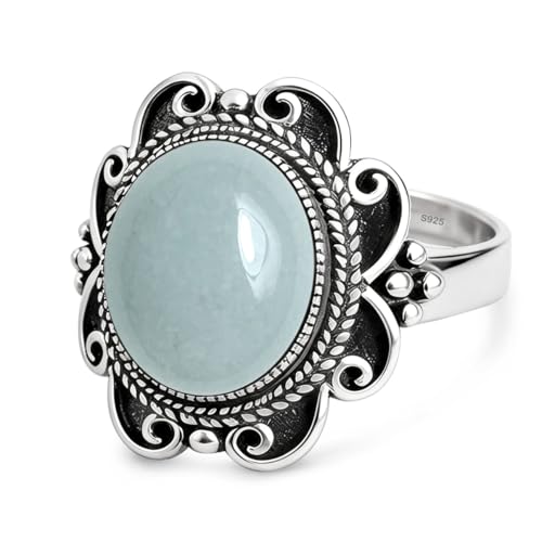 Sterling Silver Natural Stone Ring,Retro Antique Vintage Oval Genuine Real Crystal Quartz Gemstone Wide Boho Bohemian Statement Chunky Ring for Women - color: A05_Aquamarine