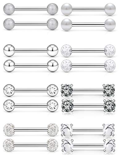SCERRING 14G Nipple Rings Stainless Steel Nipplerings Tongue Straight Barbell Rings Body Piercing Jewelry for Women Men 9/16Inch 8 Pairs - color: 8 Pairs - Silver