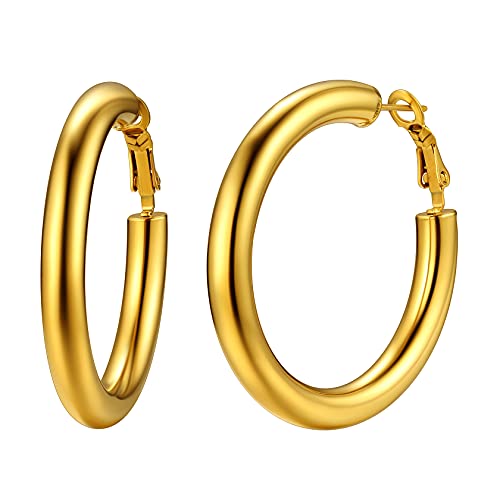 ChainsHouse 30/40/60/80mm Hoop Earrings for Women,Chunky Earrings in 18K Gold Plated/Silver/Black,Minimalist Jewelry Round Tube Hoops Fits Sensitive Ears|Hypoallergenic&Waterproof,with Gift Box - color: F:gold plated-round tube, size: 40MM