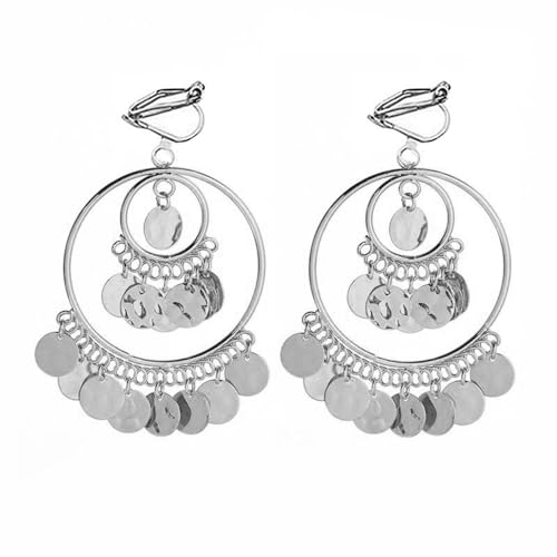 Clip On Boho Disc Tassel Long Dangle Drop Earrings for Women Non Pierced Ear Fake Stud Fashion Round Coin Hollow Circle Moon Shaped Big Dangling Hypoallergenic Jewelry Christmas Gift - color: silver