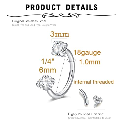 18 Nose Rings Studs Surgical Stainless Steel Hypoallergenic L Shaped Nose Piercing Jewelry for Women Men Silver Black Nostril Hoop Rings 18 Gauge - style: B1 - Horseshoe ring 18g 6mm small silver
