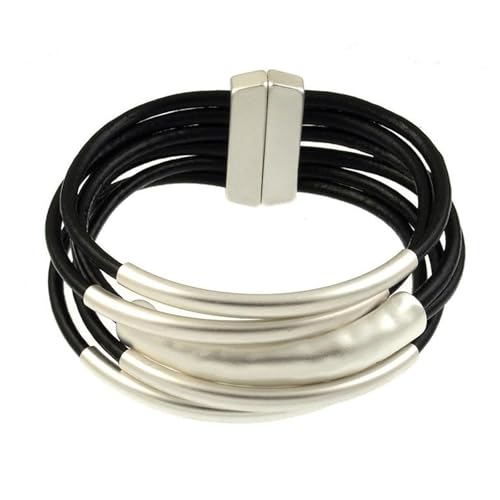Bracelets for Women Leather Bracelet Multi-Layer Rope Wrap Bangle 14k Gold Plated Cirle Hollow Tube Boho Cuff Bangle Bracelets for Women Gift - style: Tube-Black Leather Bracelet(Silver)