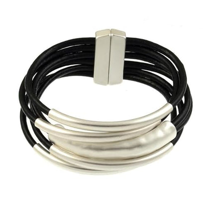 Bracelets for Women Leather Bracelet Multi-Layer Rope Wrap Bangle 14k Gold Plated Cirle Hollow Tube Boho Cuff Bangle Bracelets for Women Gift - style: Tube-Black Leather Bracelet(Silver)