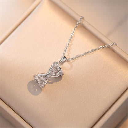 Dtja Dainty CZ Hourglass Pendant Necklace for Women 14K Gold Plated Stainless Steel Crystal Sand Clock Time Arrangement Theme Charms Link Chain Adjustable Necklaces Souvenir Jewelry Gift - color: Silver