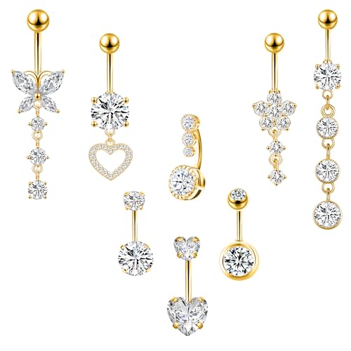 LEE&RO Belly Button Ring Dangle Stainless Steel Belly Rings 14G Belly Button Piercing Cute Navel Ring Belly Piercing Jewelry - style: 8Pcs-Gold