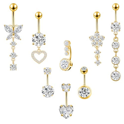 LEE&RO Belly Button Ring Dangle Stainless Steel Belly Rings 14G Belly Button Piercing Cute Navel Ring Belly Piercing Jewelry - style: 8Pcs-Gold