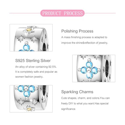 925 Sterling Silver Openable Clip Spacer Bead Fits Pandora Bracelet | Hypoallergenic Clip Stopper Charm, Star Clover Butterfly Floral Mom Heart Paved Zircon Gift for DIY Charm Bracelet Jewelry - color: Celestial Blue Star