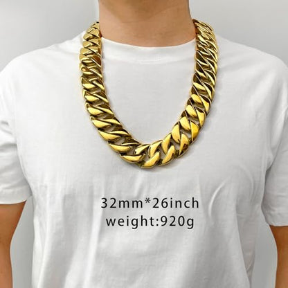 SDA Wide Chunky Gold Chain Necklace - Heavy and Waterproof 316L Surgical Steel with 18K Gold Plating for Modern Men and Women into Hip Hop Fashion - color: B476-32mm-Gold