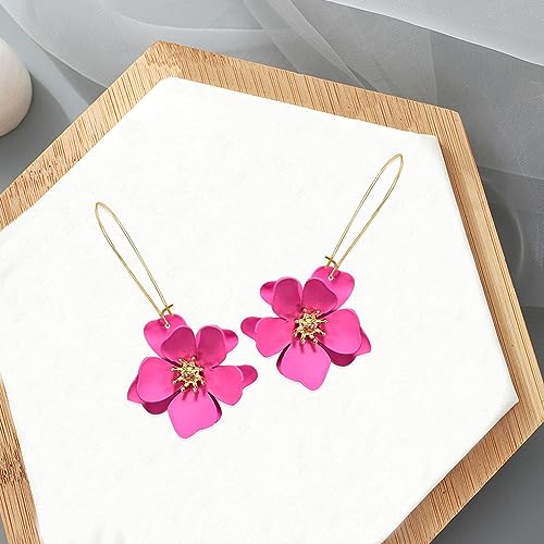 Bohemian Daisy Flower Matte Floral Long Petal Drop Dangle Earrings Layered Tiered for Women Chic Boho Wedding Jewelry - color: Hot Red