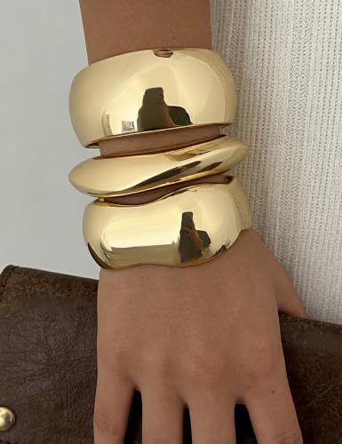 Chunky Gold Bangle Bracelets for Women, Dainty 14k Gold Plated Big Stackable Bangles Set, Trendy Statement Cuff Bracelet Stack Fashion Jewelry Gifts - style: A5-gold