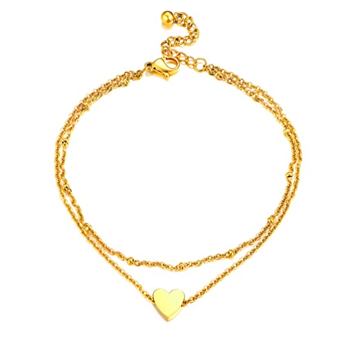 PROSTEEL Ankle Bracelets for Women, Silver/Gold/Black, Waterproof Anklets | Waterproof, Stainless Steel, Summer Beach Jewelry, Durable & No Tarnish, Come with Gift Box, 8-10.5" Adjustable, Plus Size - color: E: gold-heart layered