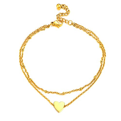 PROSTEEL Ankle Bracelets for Women, Silver/Gold/Black, Waterproof Anklets | Waterproof, Stainless Steel, Summer Beach Jewelry, Durable & No Tarnish, Come with Gift Box, 8-10.5" Adjustable, Plus Size - color: E: gold-heart layered