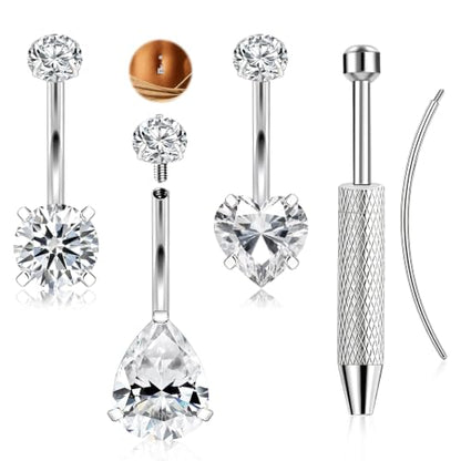 ONESING 14G Belly Button Rings Hypoallergenic Surgical Stainless Steel Belly Rings for Women Round Heart Teardrop Cubic Zirconia 12MM Navel Piercing Jewelry Barbell Studs with Tools - color: Silver-14G