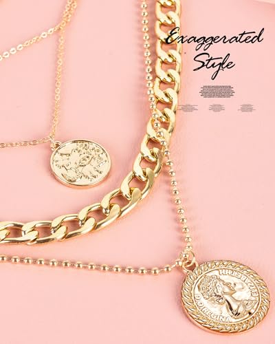 MJartoria Layered Necklaces for Women Trendy Retro Coin Pendant Necklace Dainty Chunky Chain Necklaces for Jewelry Birthday Gifts - color: Gold, style: A-Retro Coin-2PCS