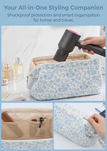 TeeYee Nylon Hair Tools Travel Bag for Dyson Airwrap Quilted Toiletry Bag | Travel Storage Bag for Shark Flexstyle/Curling Iron,Water-repellent,Wide-open,Well-structured,Heat-safe lining,001blueflower - color: Blueflower