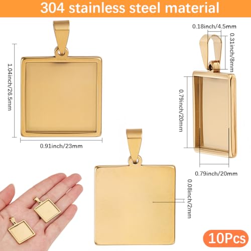 1 Box 10Pcs Stainless Steel Square Bezel Pendant Trays Cabochon Bezel Blanks Bulk 20mm Small Gold Charms DIY Pendant Tray Base for Jewelry Making Resin Craft Photo Necklace Bracelets Adults - style: gold square
