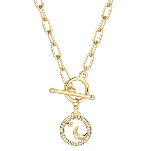 DoreenBeads 18K Gold Sun Moon Star Compass Pendant Necklace | Chunky Toggle Paperclip Chain Necklace with Heart Daisy Bee Charms for Women Girls 20 Inches - color: Crescent Moon & Star