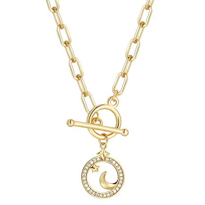 DoreenBeads 18K Gold Sun Moon Star Compass Pendant Necklace | Chunky Toggle Paperclip Chain Necklace with Heart Daisy Bee Charms for Women Girls 20 Inches - color: Crescent Moon & Star