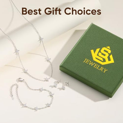 KSF CZ Clover Jewelry Set for Women Necklace Bracelet Earrings Birthday Gift - color: Silver-Clover