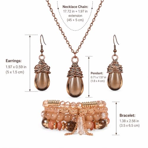 Boho Earrings Necklace Bracelet Set Stackable Stretch Beaded Bracelets Gold & Brown Boho Jewelry Accessories for Women