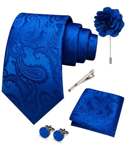 JEMYGINS Mens Paisley Tie and Pocket Square,Lapel Pin,Cufflinks,Tie Clip Sets with Gift Box 5PCS - color: Royal Blue