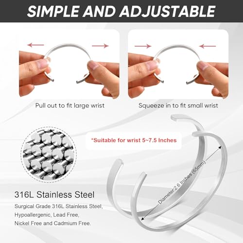 Stainless Steel Mens Cuff Bracelet : Minimal Cool Silver/Black/Gold Plated Open Metal Cuff Bangle Bracelets for Men,Mens Bracelet Jewelry Gift - color: Silver-2-Pack, size: Medium( fit 5.5"-7.2" wrist)