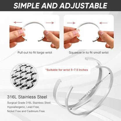 Stainless Steel Mens Cuff Bracelet : Minimal Cool Silver/Black/Gold Plated Open Metal Cuff Bangle Bracelets for Men,Mens Bracelet Jewelry Gift - color: Silver-2-Pack, size: Medium( fit 5.5"-7.2" wrist)