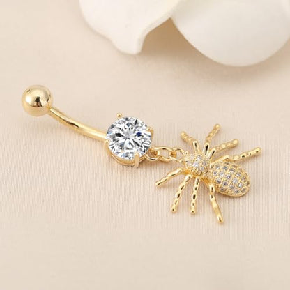 14G Crystal Spider Dangle Belly Button Ring for Women Men Stainless Steel Cubic Zirconia Statement Goth Insect Charm Navel Rings Curved Barbell Simple Sexy Halloween Body Piercing Jewelry - color: Gold
