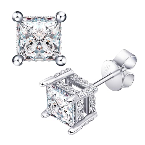 Moissanite Earrings Studs 1ct-3ct for Women/Men, 925 Sterling Silver with 18K White Gold Plated Hypoallergenic Flat Screw Back Birthday Gifts for Women Girlfriend Wife Engagement Jewelry - color: Square#4Ct-(2.0ct*2)