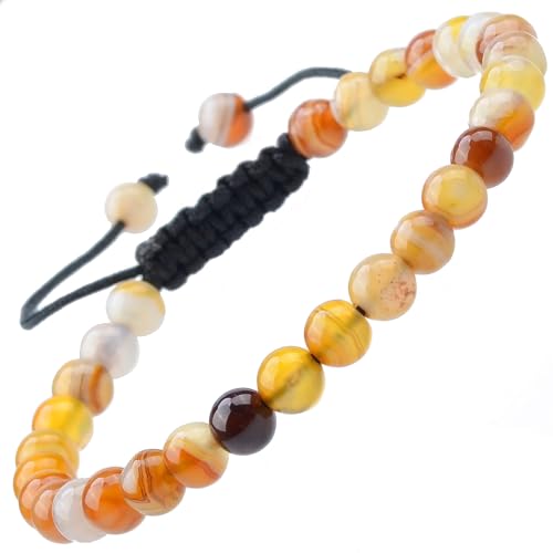 MASSIVE BEADS Natural Healing Power Gemstone Crystal Beads Unisex Adjustable Macrame Bracelets - color: Amber Agate, size: 6mm