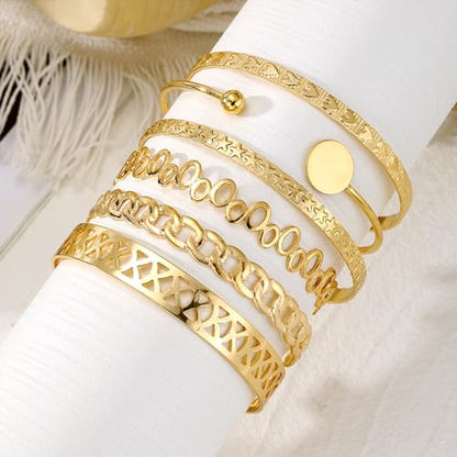 IFKM Gold Bangle Bracelets For Women, 14k Gold Plated Multi Layer Stackable Cuff Bracelet Set, Trendy Elegance Charms Non Tarnish Minimalist Textured Boho Jewelry Gift for Women - style: 6pcs Hollow love five-pointed star