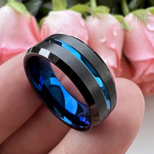 TUTISS 6mm 8mm Silver/Black/Blue/Gunmetal/Gold/Rose Gold Tungsten Rings for Men Women Fashion Engagement Wedding Bands Matte Finish Beveled Edges Comfort Fit - color: 8mm Black Blue Tungsten