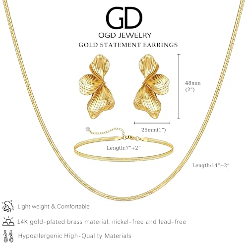 OGD Chunky Gold Statement Earrings For Women Trendy Gold Plated Sectored Flower Leaf Angel Wing Earrings Large Stud Jewlery Hypoallergenic - color: Flower+Snake 3 Set-Gold