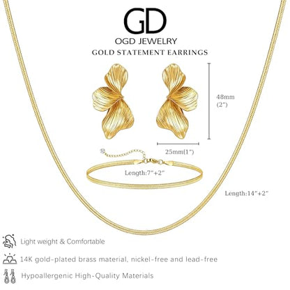 OGD Chunky Gold Statement Earrings For Women Trendy Gold Plated Sectored Flower Leaf Angel Wing Earrings Large Stud Jewlery Hypoallergenic - color: Flower+Snake 3 Set-Gold